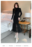 Zjkrl - Elegant Mesh Stitching Mermaid Dress Women Black Slim Sheath Mid Dresses Simple Office Wear Party