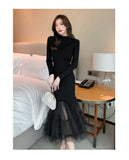 Zjkrl - Elegant Mesh Stitching Mermaid Dress Women Black Slim Sheath Mid Dresses Simple Office Wear Party