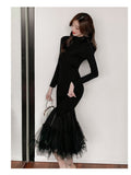 Zjkrl - Elegant Mesh Stitching Mermaid Dress Women Black Slim Sheath Mid Dresses Simple Office Wear Party