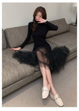 Zjkrl - Elegant Mesh Stitching Mermaid Dress Women Black Slim Sheath Mid Dresses Simple Office Wear Party