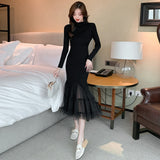 Zjkrl - Elegant Mesh Stitching Mermaid Dress Women Black Slim Sheath Mid Dresses Simple Office Wear Party