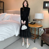 Zjkrl - Elegant Mesh Stitching Mermaid Dress Women Black Slim Sheath Mid Dresses Simple Office Wear Party