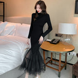 Zjkrl - Elegant Mesh Stitching Mermaid Dress Women Black Slim Sheath Mid Dresses Simple Office Wear Party
