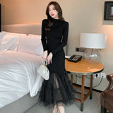 Zjkrl - Elegant Mesh Stitching Mermaid Dress Women Black Slim Sheath Mid Dresses Simple Office Wear Party