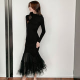 Zjkrl - Elegant Mesh Stitching Mermaid Dress Women Black Slim Sheath Mid Dresses Simple Office Wear Party