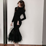 Zjkrl - Elegant Mesh Stitching Mermaid Dress Women Black Slim Sheath Mid Dresses Simple Office Wear Party