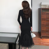 Zjkrl - Elegant Mesh Stitching Mermaid Dress Women Black Slim Sheath Mid Dresses Simple Office Wear Party