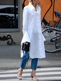 Zjkrl - Casual Flared Sleeves Long Sleeves Split-Side Solid Color Lapel Collar Blouses Shirt Dress