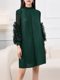 Zjkrl - Long Sleeves Loose Embroidered Pleated Solid Color Round-Neck Midi Dresses