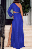 Zjkrl - Blue Sexy Formal Patchwork Hollowed Out Sequins Slit Oblique Collar Evening Dress Dresses