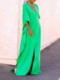 Zjkrl - Batwing Sleeves Loose Solid Color Split-Side V-Neck Maxi Dresses