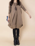 Zjkrl - Original Loose Pleated 4 Colors Round-Neck Long Sleeves Short Dress