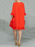 Half Sleeves Loose Falbala Solid Color Round-Neck Midi Dresses