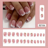 Zjkrl - 24pcs Pink Press On Nails Short Square Fake Nails Glossy Full Cover Rhinestone False Nails With French White Edge Design For Women Girls