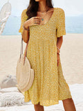 Zjkrl - Women Floral Printed Short Sleeve Vintage Boho Weaving Tunic Dress