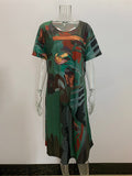 Zjkrl - A-Line Loose Printed Round-Neck Midi Dresses