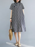 Zjkrl - Artistic Retro Floral Printed Stand Collar Short Sleeves Cheongsam Midi Dress