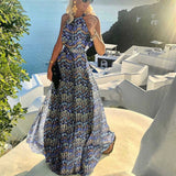 Zjkrl - Fashion Sexy Halter Print Pleated Long Dress Women Sweet O Neck Beach Maxi Dress