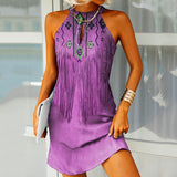 Zjkrl - Western Fringed Print Halterneck Mini Dress