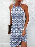 Zjkrl - Women's Sheath Dress Short Mini Dress Blue Sleeveless Print Print Vacation Geometric Halter Summer Fall Strapless Casual