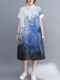 Zjkrl - Artistic Retro Floral Printed Buttoned Lapel Collar Short Sleeves Midi Shirt Dress