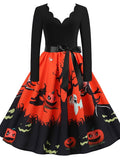 Women‘s Halloween Dress A Line Dress Knee Length Dress White Blue Orange Long Sleeve Print Pumpkin Ghost Patchwork Bow Print Fall Winter V Neck Hot Elegant Vintage Slim 2023 S M L XL XXL