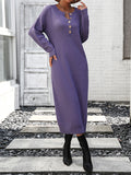 Zjkrl - Long Sleeves Loose Buttoned Split-Joint Round-Neck Midi Dresses Sweater Dresses