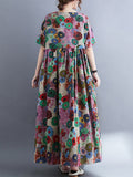 Zjkrl - Vintage Loose Multi-Colored Floral Printed Midi Dress