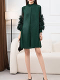 Zjkrl - Long Sleeves Loose Embroidered Pleated Solid Color Round-Neck Midi Dresses