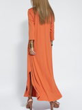 Zjkrl - Long Sleeves Loose Solid Color Split-Side V-Neck Maxi Dresses