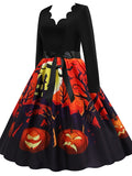 Women‘s Halloween Dress Swing Dress Knee Length Dress Black Blue Purple Yellow Orange Red Long Sleeve Abstract Pumpkin Ghost Bow Print Fall Winter V Neck Stylish Vintage 2023 S M L XL XXL 3XL