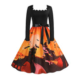 Women‘s Halloween Dress Retro 1950s Vintage Dress Midi Dress Holiday With Belt Bow Pumpkin Square Neck Long Sleeve Regular Fit Spring Fall 2023 Black Yellow S M L XL