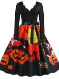 Women‘s Halloween Dress Swing Dress Knee Length Dress Black Blue Purple Yellow Orange Red Long Sleeve Abstract Pumpkin Ghost Bow Print Fall Winter V Neck Stylish Vintage 2023 S M L XL XXL 3XL