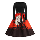 Women‘s Halloween Dress Retro 1950s Vintage Dress Midi Dress Holiday With Belt Bow Graphic Crew Neck Long Sleeve Regular Fit Spring Fall 2023 Pink Red S M L XL