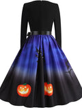 Women‘s Halloween Dress Swing Dress Knee Length Dress Black Blue Purple Yellow Orange Red Long Sleeve Abstract Pumpkin Ghost Bow Print Fall Winter V Neck Stylish Vintage 2023 S M L XL XXL 3XL