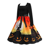 Women‘s Halloween Dress Retro 1950s Vintage Dress Midi Dress Holiday With Belt Bow Pumpkin Square Neck Long Sleeve Regular Fit Spring Fall 2023 Black Yellow S M L XL