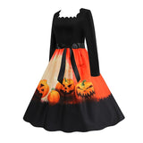Women‘s Halloween Dress Retro 1950s Vintage Dress Midi Dress Holiday With Belt Bow Pumpkin Square Neck Long Sleeve Regular Fit Spring Fall 2023 Black Yellow S M L XL