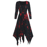 Women‘s Halloween Dress Retro 1950s Vintage Dress Midi Dress Halloween Daily Drawstring Print Tie Dye Crew Neck 3/4 Length Sleeve Regular Fit Spring Fall 2023 Red Blue S M L XL