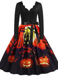 Women‘s Halloween Dress Swing Dress Knee Length Dress Black Blue Purple Yellow Orange Red Long Sleeve Abstract Pumpkin Ghost Bow Print Fall Winter V Neck Stylish Vintage 2023 S M L XL XXL 3XL