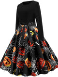 Women‘s Halloween Dress A Line Dress Knee Length Dress Black Blue Wine Long Sleeve Pumpkin Spider Print Pumpkin Bow Print Fall Winter Crew Neck Hot Vintage Slim 2023 S M L XL XXL