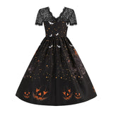 Women‘s Halloween Dress Retro 1950s Vintage Dress Midi Dress Holiday Lace Patchwork Graphic V Neck Short Sleeve Regular Fit Spring Fall 2023 Black Blue S M L XL