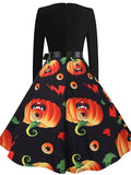 Women‘s Halloween Dress A Line Dress Knee Length Dress Black Blue Purple Pink Red Long Sleeve Pumpkin Bat Print Pumpkin Spider Print Fall Winter V Neck Hot Vintage Slim 2023 S M L XL XXL 3XL