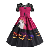 Women‘s Halloween Dress Retro 1950s Vintage Dress Midi Dress Holiday Lace Patchwork Graphic V Neck Short Sleeve Regular Fit Spring Fall 2023 Black Blue S M L XL