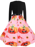 Women‘s Halloween Dress A Line Dress Knee Length Dress Black Blue Purple Pink Red Long Sleeve Pumpkin Bat Print Pumpkin Spider Print Fall Winter V Neck Hot Vintage Slim 2023 S M L XL XXL 3XL