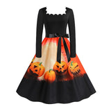 Women‘s Halloween Dress Retro 1950s Vintage Dress Midi Dress Holiday With Belt Bow Pumpkin Square Neck Long Sleeve Regular Fit Spring Fall 2023 Black Yellow S M L XL