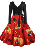 Women‘s Halloween Dress A Line Dress Knee Length Dress Black Blue Purple Pink Red Long Sleeve Pumpkin Bat Print Pumpkin Spider Print Fall Winter V Neck Hot Vintage Slim 2023 S M L XL XXL 3XL