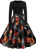 Women‘s Halloween Dress A Line Dress Knee Length Dress Black Blue Wine Long Sleeve Pumpkin Spider Print Pumpkin Bow Print Fall Winter Crew Neck Hot Vintage Slim 2023 S M L XL XXL