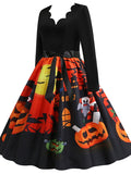 Women‘s Halloween Dress Swing Dress Knee Length Dress Black Blue Purple Yellow Orange Red Long Sleeve Abstract Pumpkin Ghost Bow Print Fall Winter V Neck Stylish Vintage 2023 S M L XL XXL 3XL
