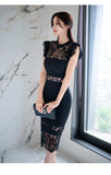 Women's Sexy O Neck Sleeveless Pencil Silhouette Mid Calf Mesh Dress