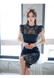 Women's Sexy O Neck Sleeveless Pencil Silhouette Mid Calf Mesh Dress